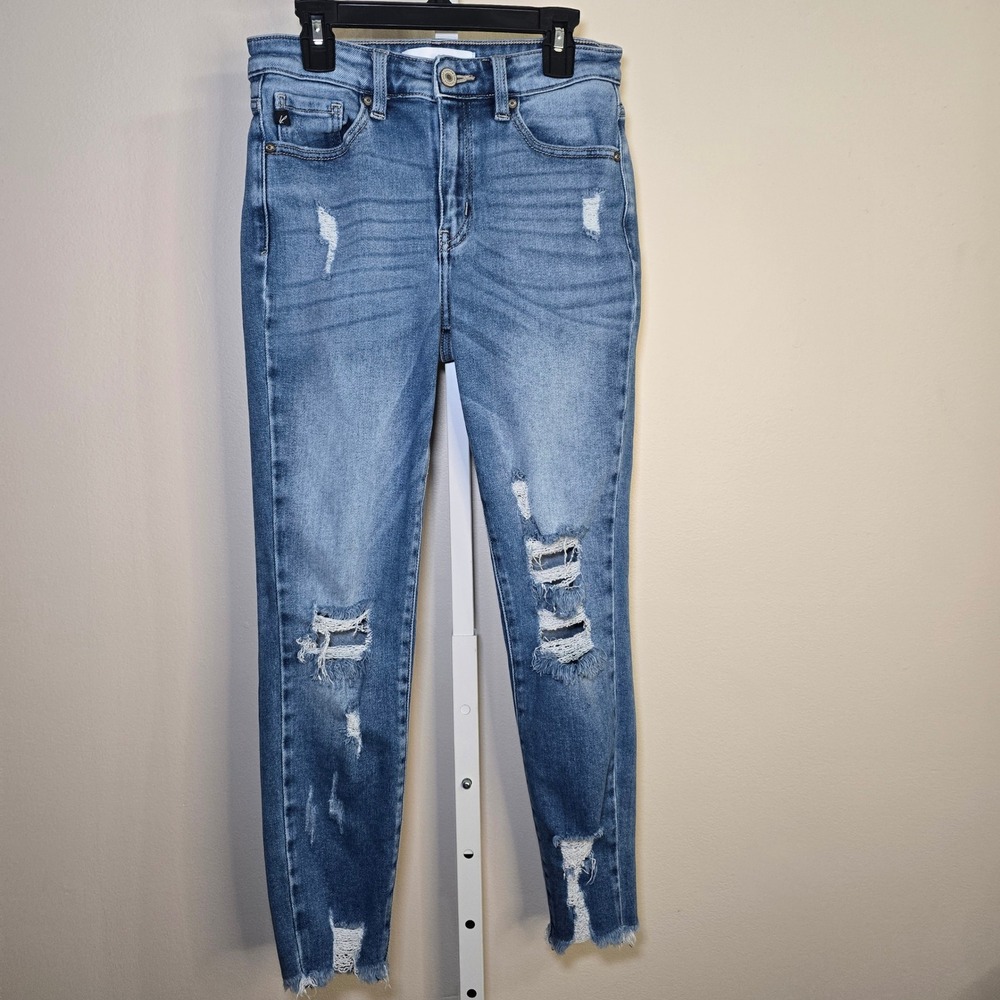 Kancan High Rise Skinny Jeans Distressed Medium Wash‎ Frayed Hem Womens sz 5/26